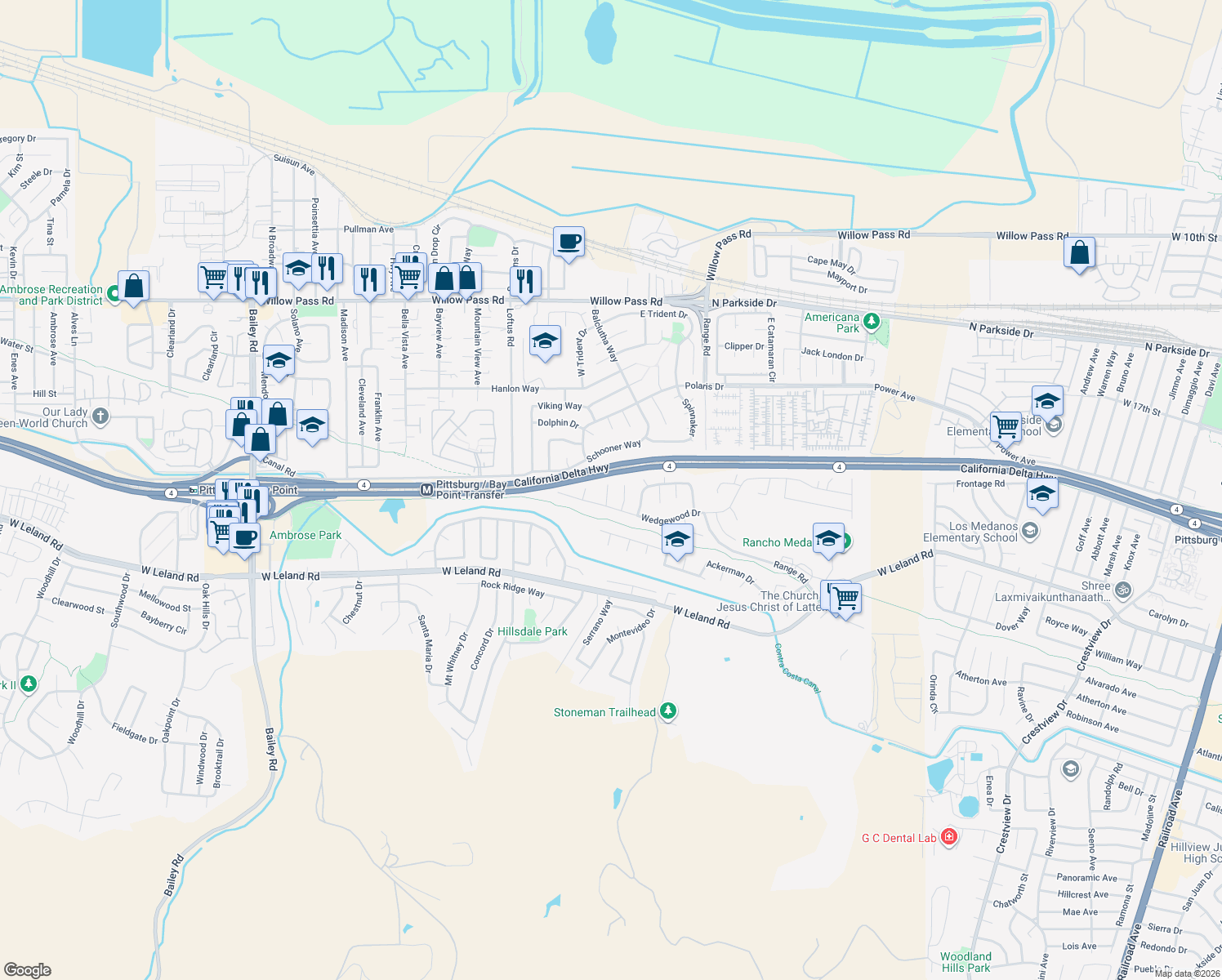 map of restaurants, bars, coffee shops, grocery stores, and more near 2105 Bancroft Court in Pittsburg