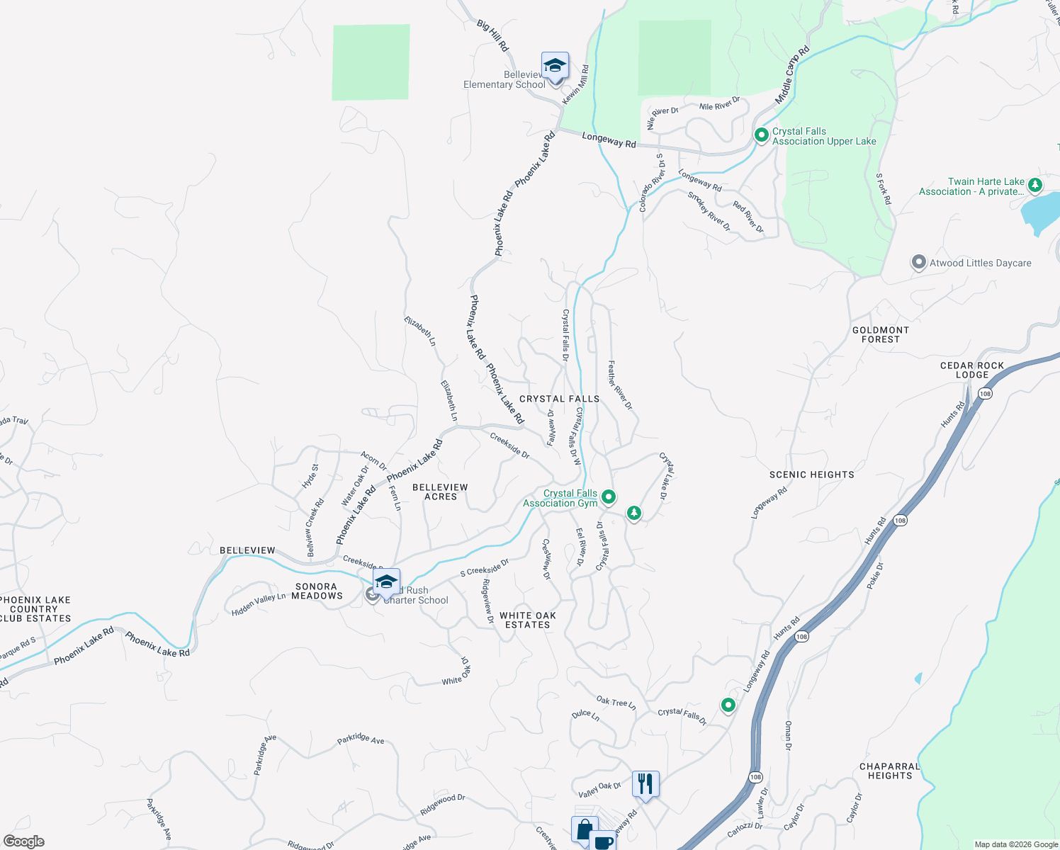 map of restaurants, bars, coffee shops, grocery stores, and more near 21800 Fallview Drive in Sonora