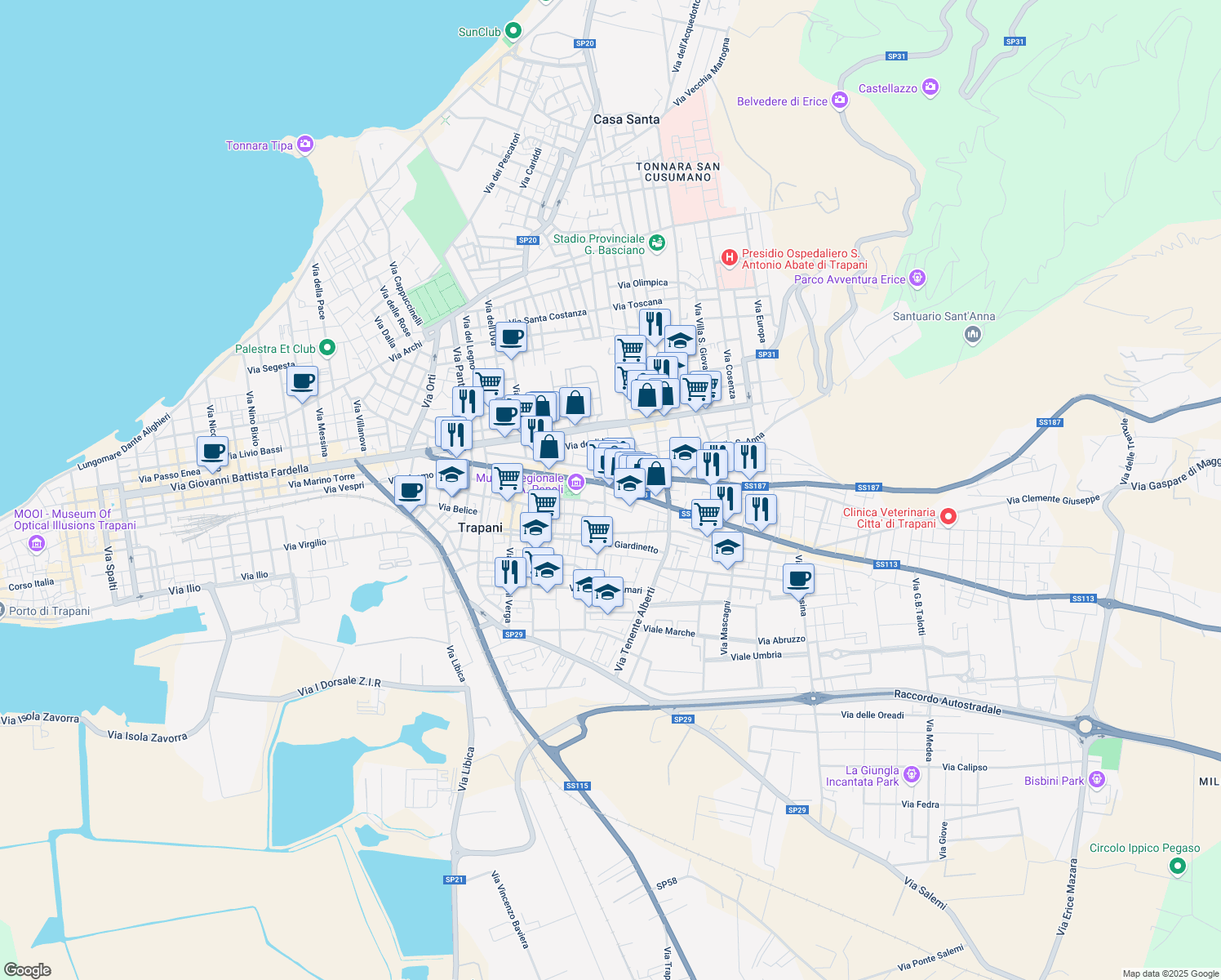 map of restaurants, bars, coffee shops, grocery stores, and more near 23 Via Giuseppe Polizzi in Trapani