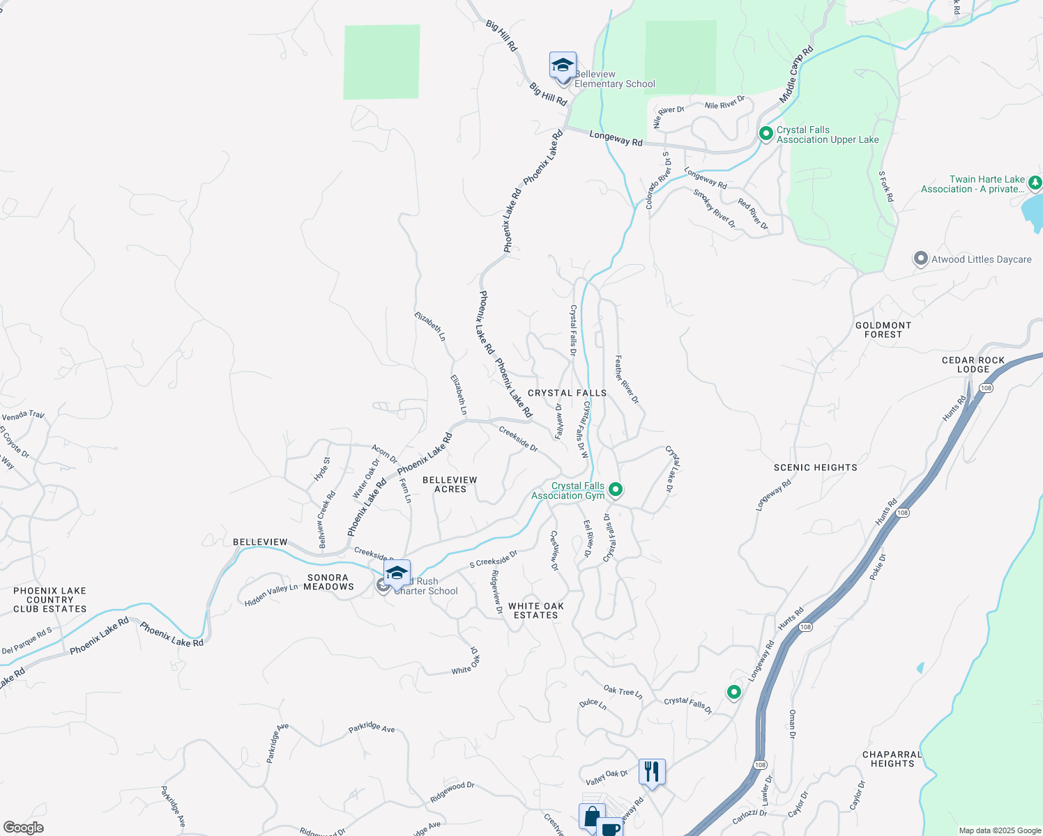 map of restaurants, bars, coffee shops, grocery stores, and more near 21880 Phoenix Lake Road in Sonora