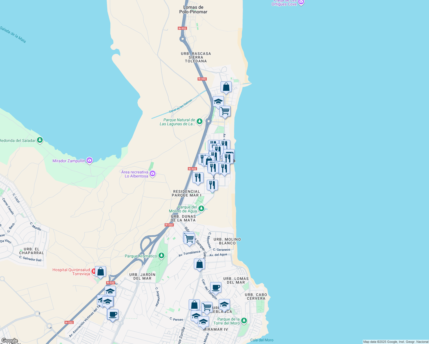 map of restaurants, bars, coffee shops, grocery stores, and more near 44 Avenida de Francia in La Mata