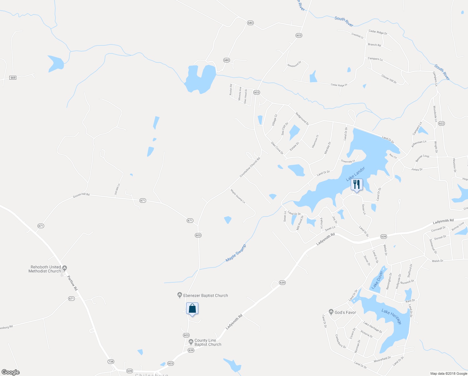 map of restaurants, bars, coffee shops, grocery stores, and more near 18027 Countyline Church Road in Ruther Glen