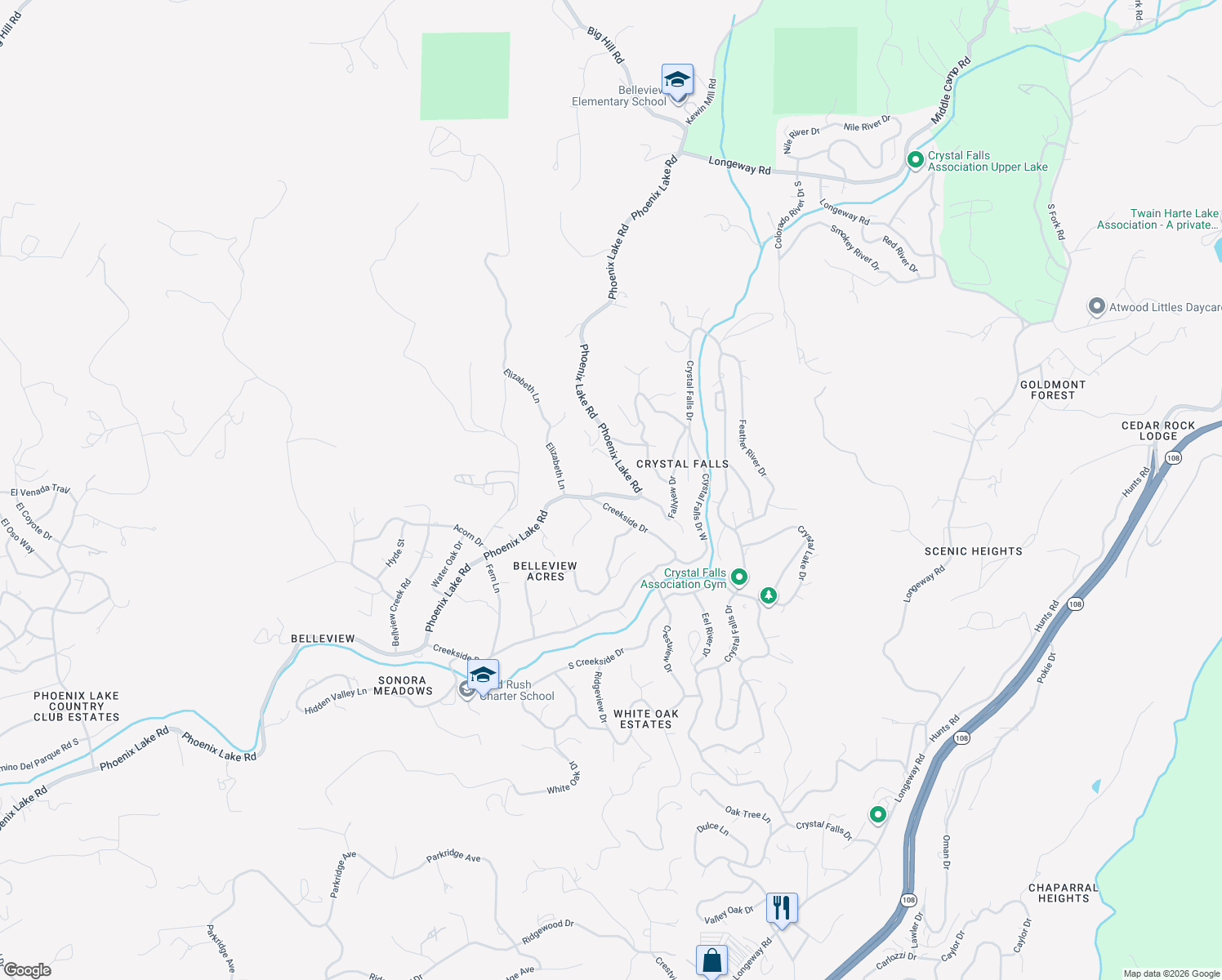map of restaurants, bars, coffee shops, grocery stores, and more near 21850 Phoenix Lake Road in Sonora