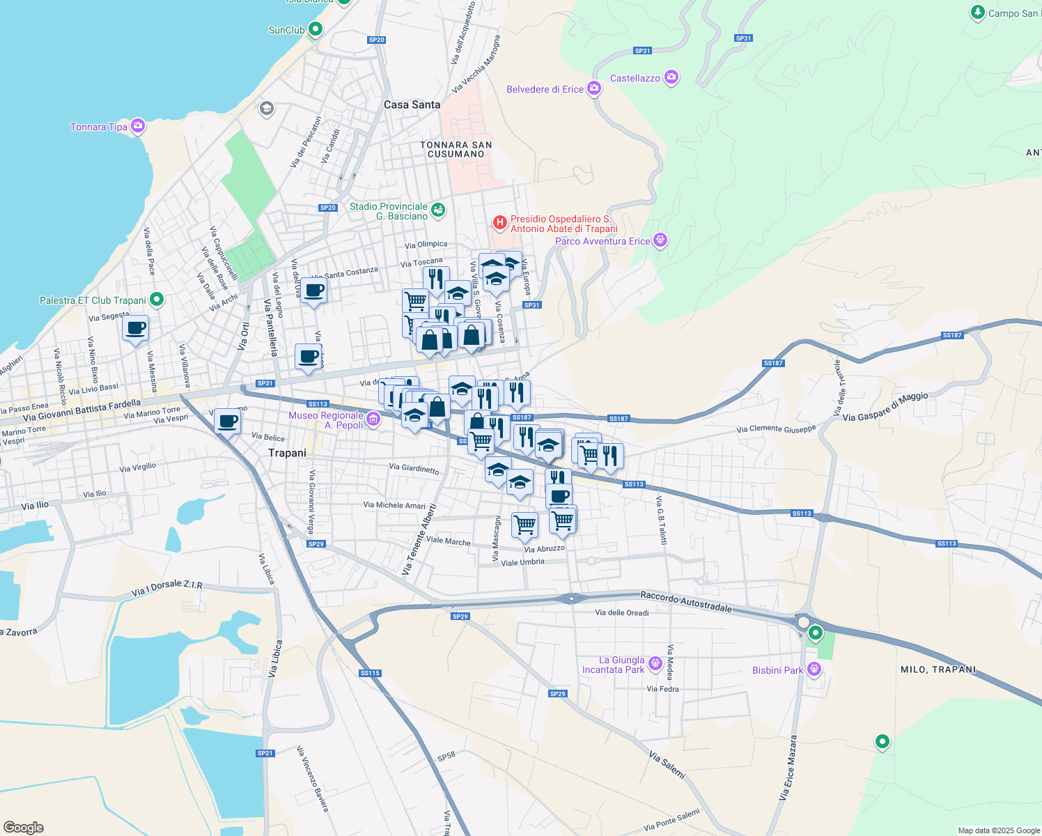 map of restaurants, bars, coffee shops, grocery stores, and more near 102 Via Argenteria in Casa Santa