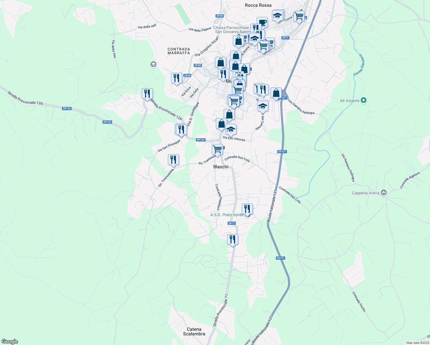 map of restaurants, bars, coffee shops, grocery stores, and more near 52 Contrada Don Cola in Blaschi