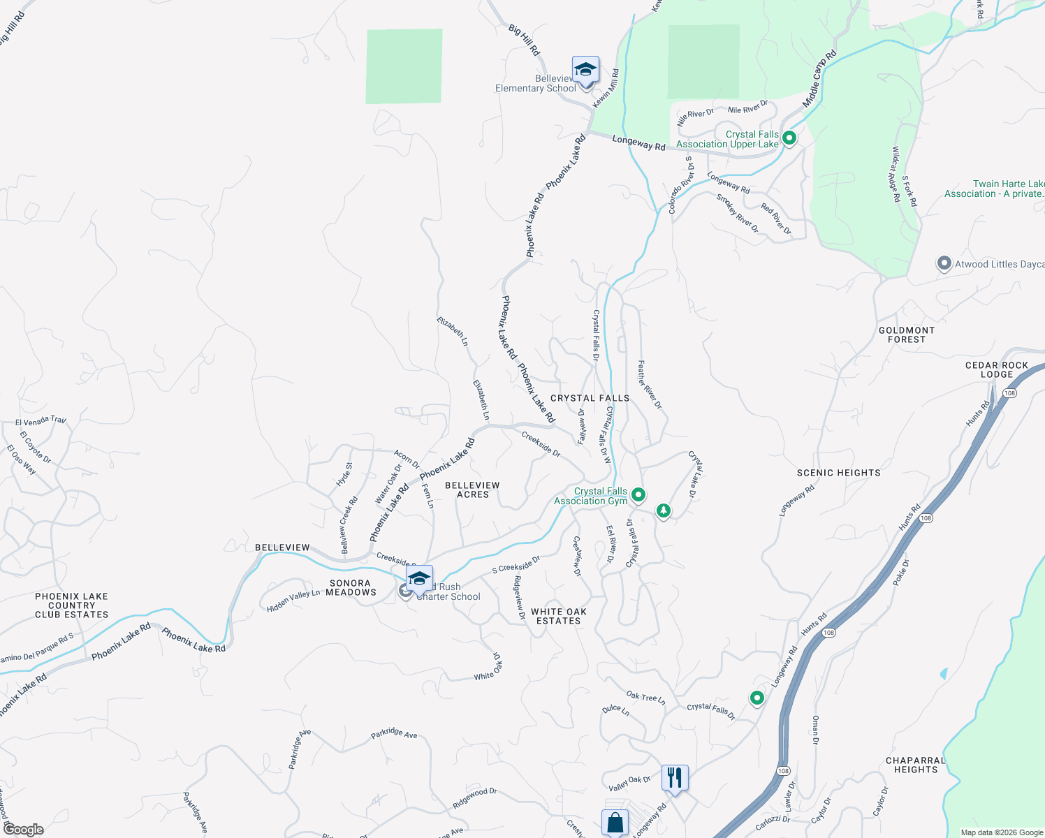 map of restaurants, bars, coffee shops, grocery stores, and more near 21850 Phoenix Lake Road in Sonora