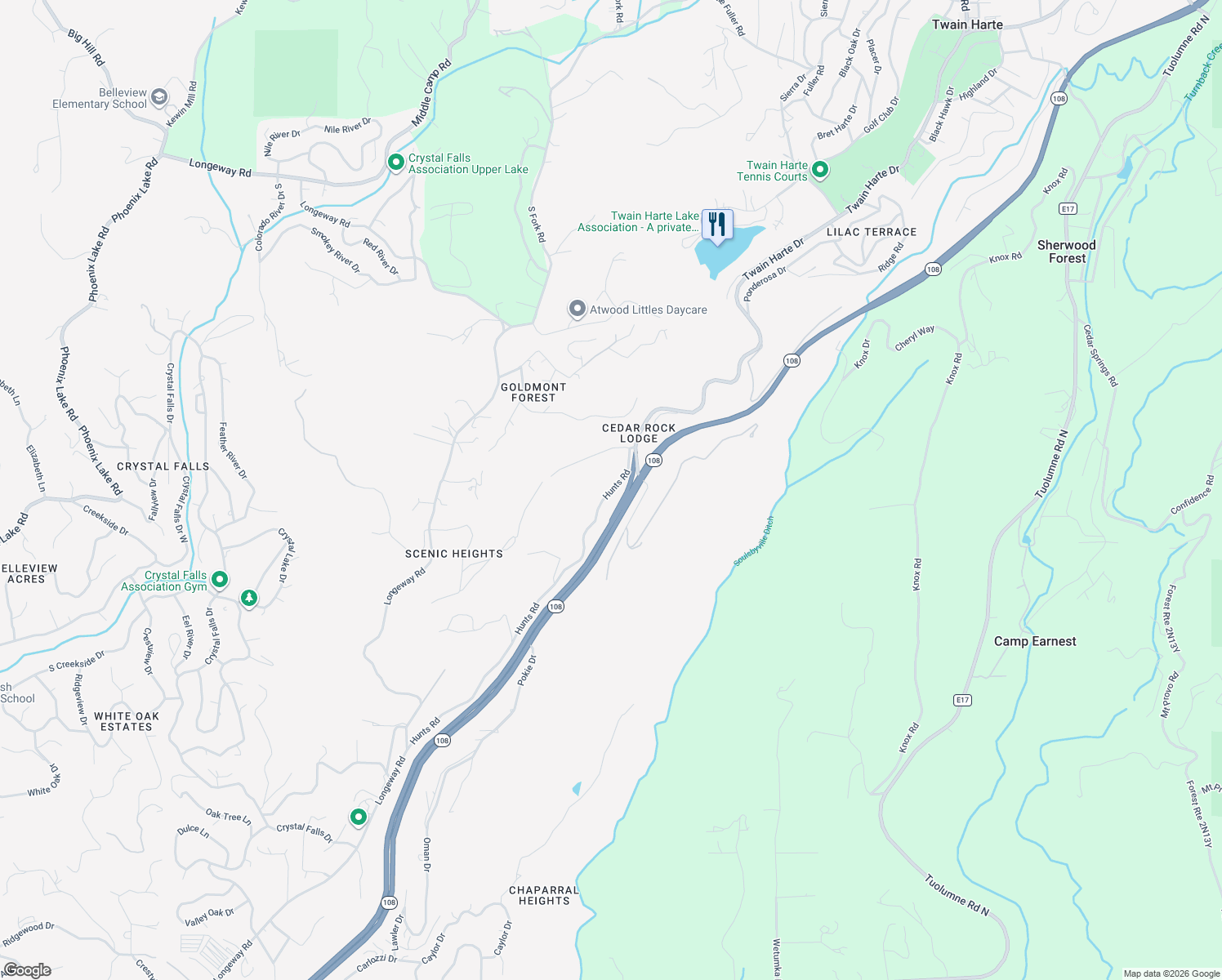 map of restaurants, bars, coffee shops, grocery stores, and more near 21860 Hunts Road in Sonora