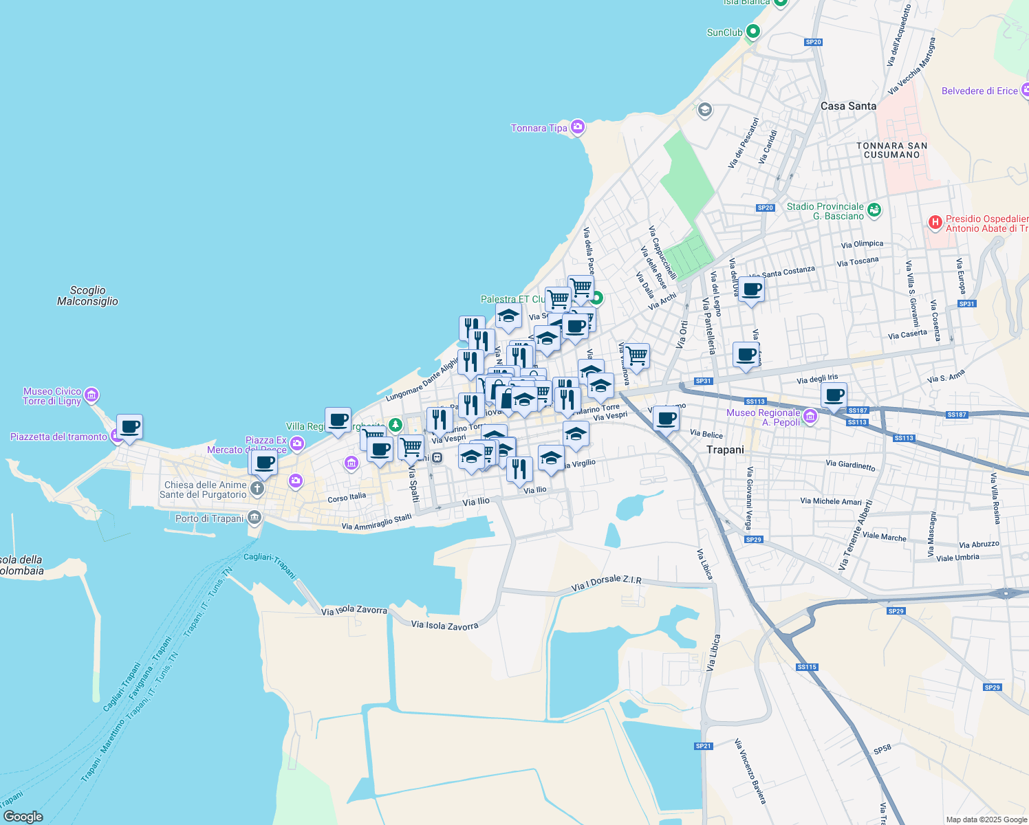 map of restaurants, bars, coffee shops, grocery stores, and more near 116 Via Giovanni Battista Fardella in Trapani