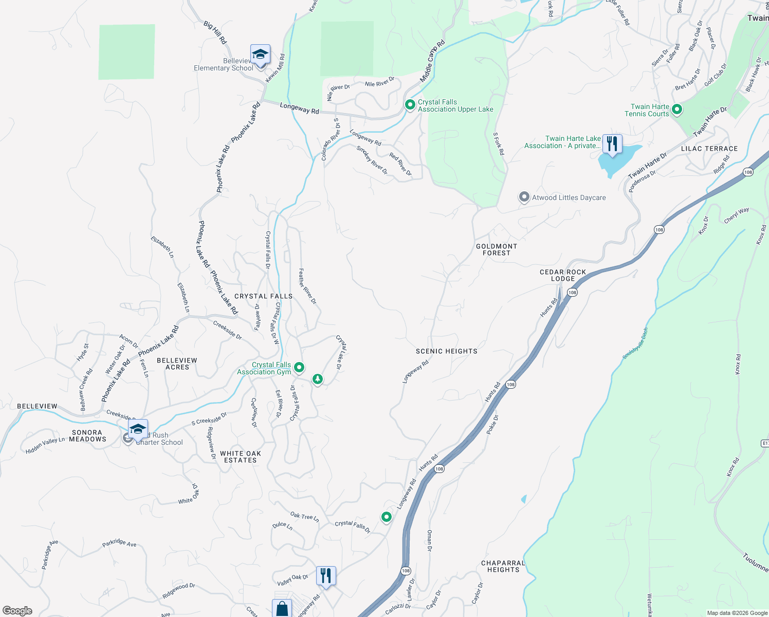 map of restaurants, bars, coffee shops, grocery stores, and more near 21828 Ferrari Road in Sonora