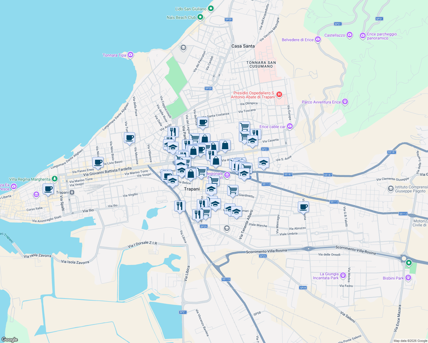 map of restaurants, bars, coffee shops, grocery stores, and more near 16 Via Dattero in Trapani