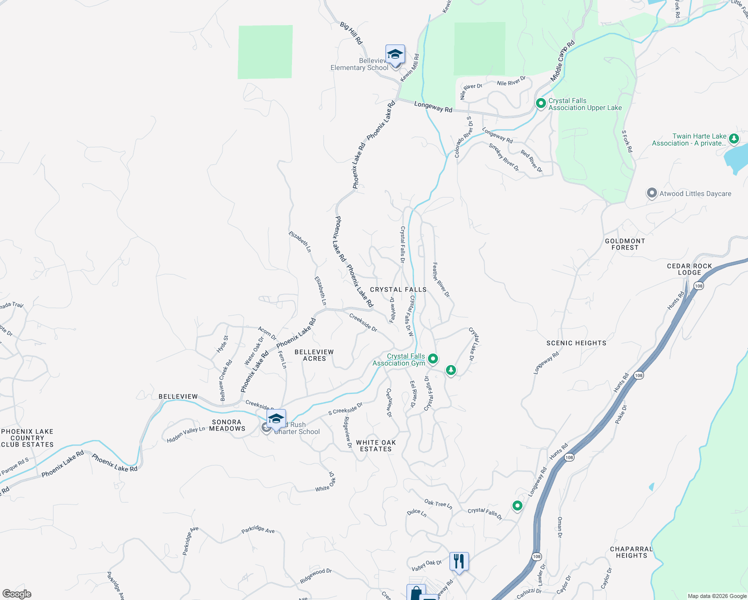 map of restaurants, bars, coffee shops, grocery stores, and more near 21880 Phoenix Lake Road in Sonora