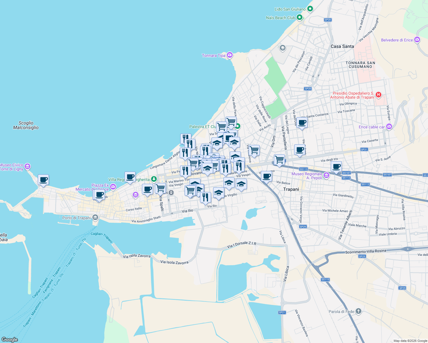 map of restaurants, bars, coffee shops, grocery stores, and more near in Trapani