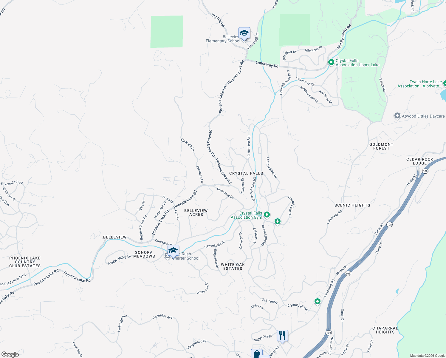 map of restaurants, bars, coffee shops, grocery stores, and more near 21880 Phoenix Lake Road in Sonora