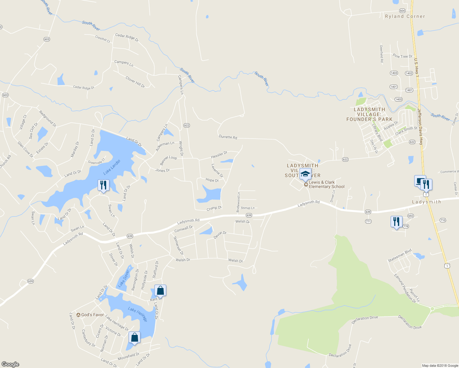 map of restaurants, bars, coffee shops, grocery stores, and more near 364 Crump Dr in Caroline