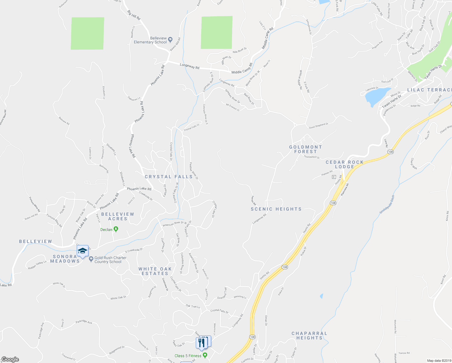 map of restaurants, bars, coffee shops, grocery stores, and more near 21980 Ferrari Road in Sonora