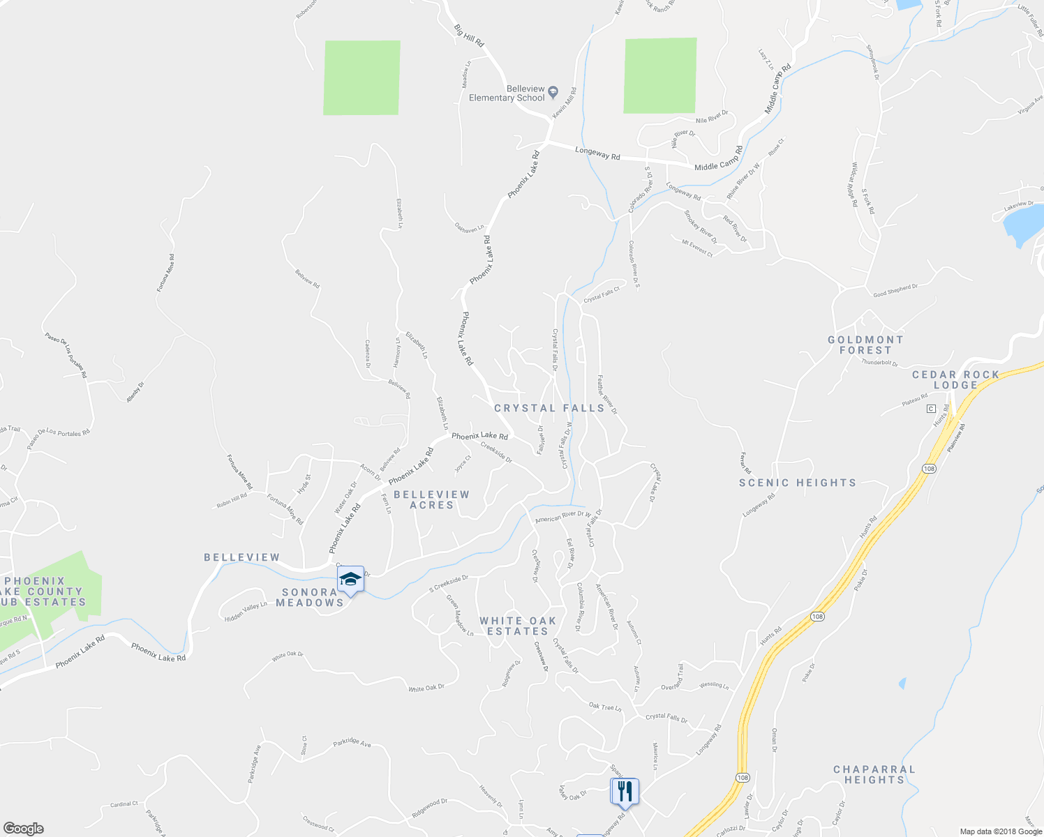 map of restaurants, bars, coffee shops, grocery stores, and more near 21912 Glenwood Road in Sonora