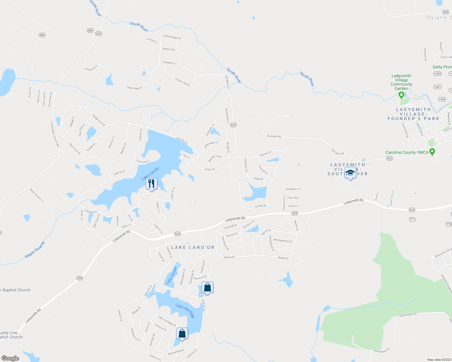 map of restaurants, bars, coffee shops, grocery stores, and more near 4 Ingram Court in Ruther Glen