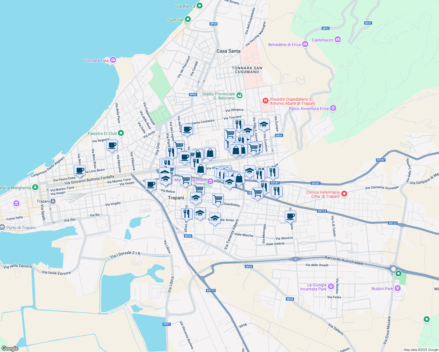 map of restaurants, bars, coffee shops, grocery stores, and more near 36 Via dei Cedri in Trapani