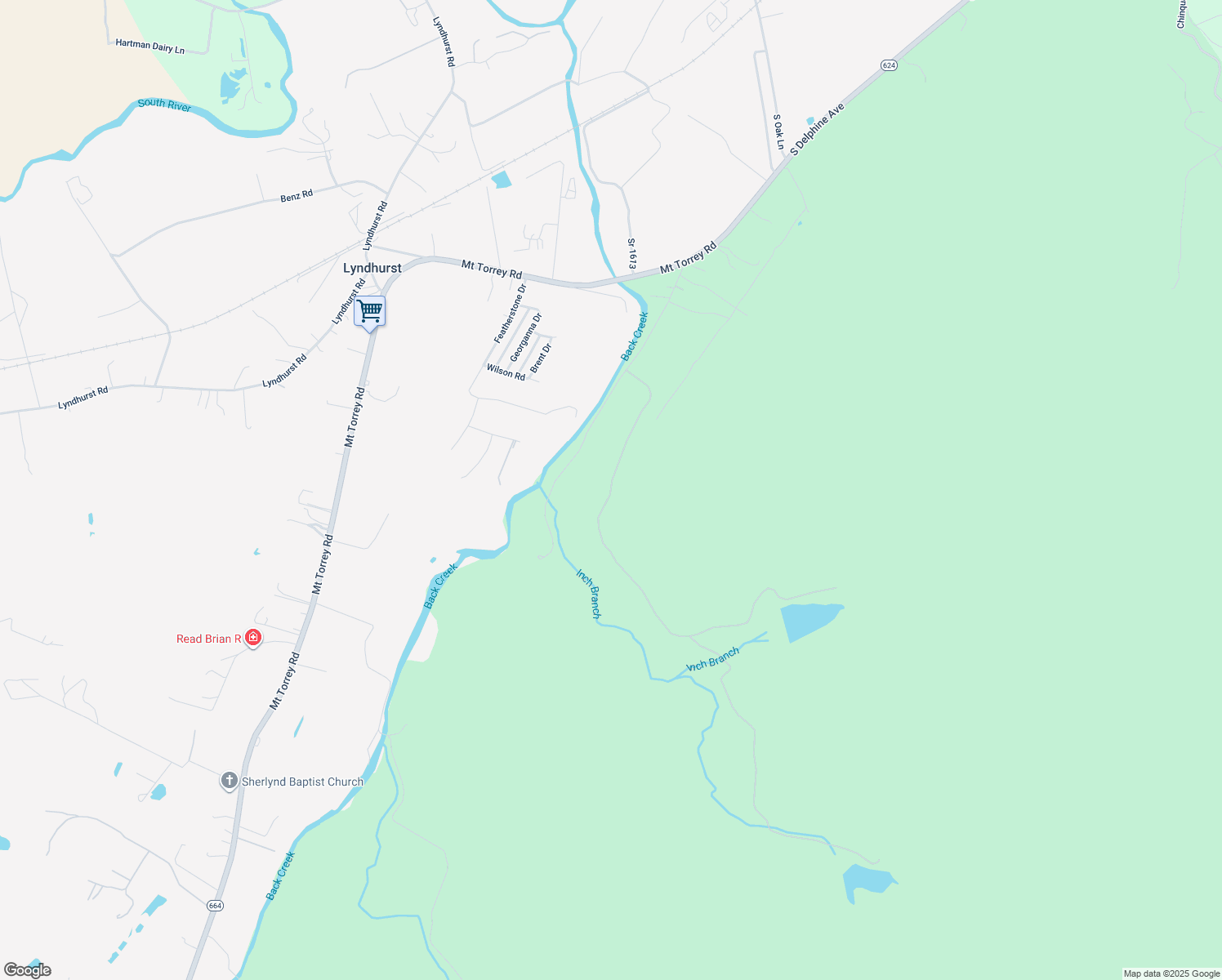 map of restaurants, bars, coffee shops, grocery stores, and more near Inch Robinson Lane in Lyndhurst