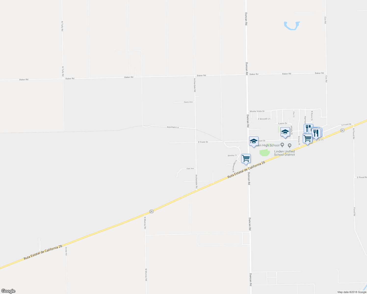 map of restaurants, bars, coffee shops, grocery stores, and more near 17100 East Front Street in Linden