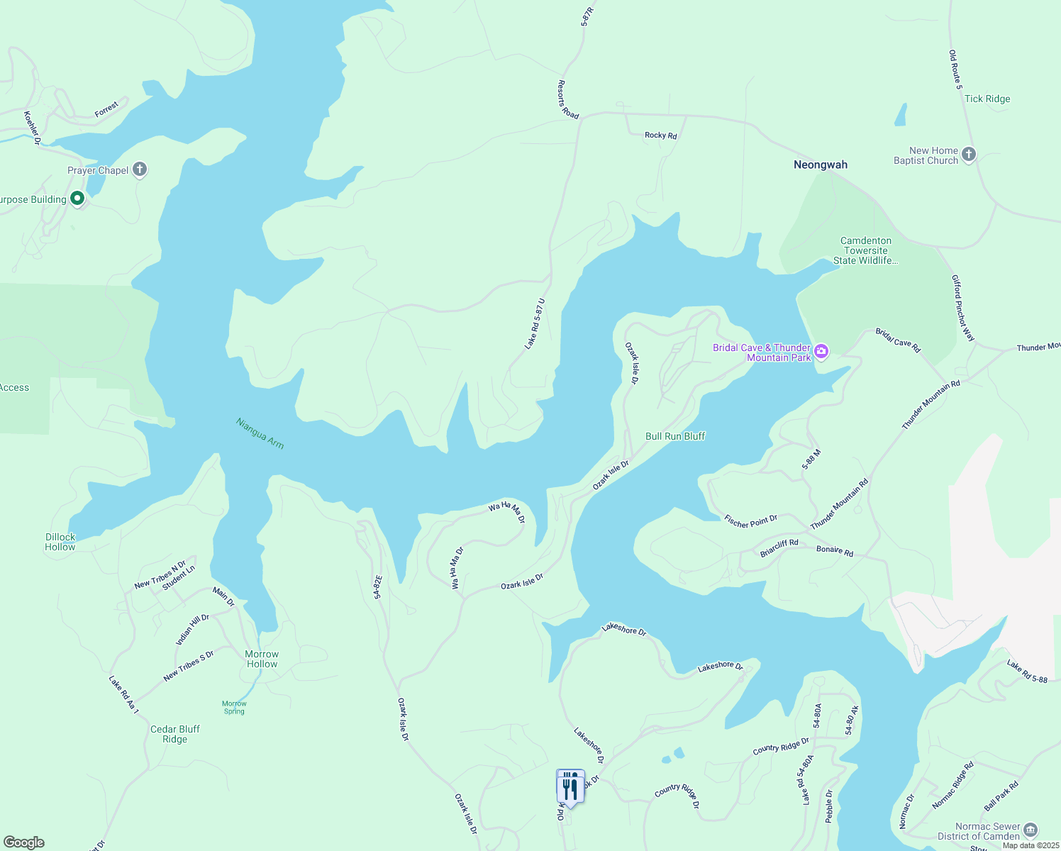 map of restaurants, bars, coffee shops, grocery stores, and more near 2 East Lakeview Acres Road in Camdenton