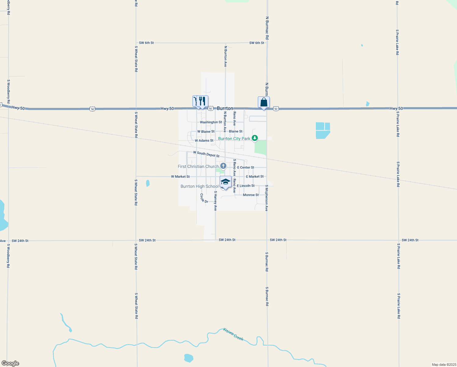 map of restaurants, bars, coffee shops, grocery stores, and more near 316 South Burrton Avenue in Burrton