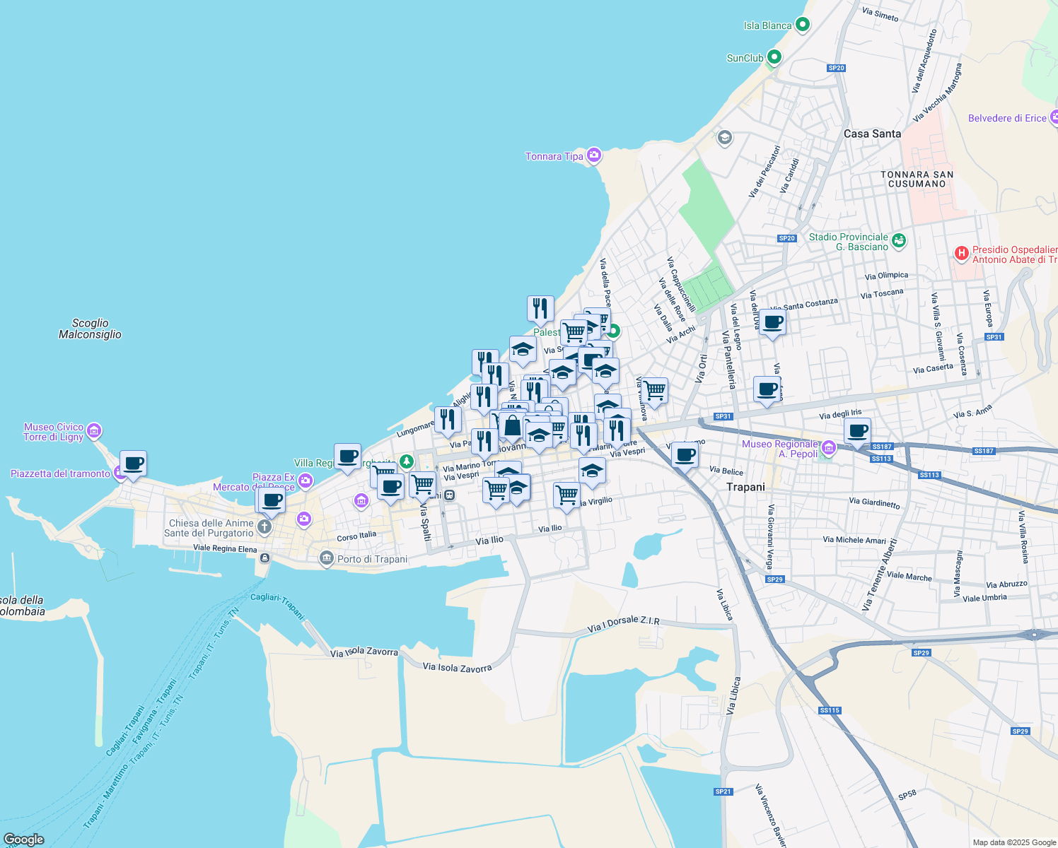 map of restaurants, bars, coffee shops, grocery stores, and more near 93 Via Livio Bassi in Trapani