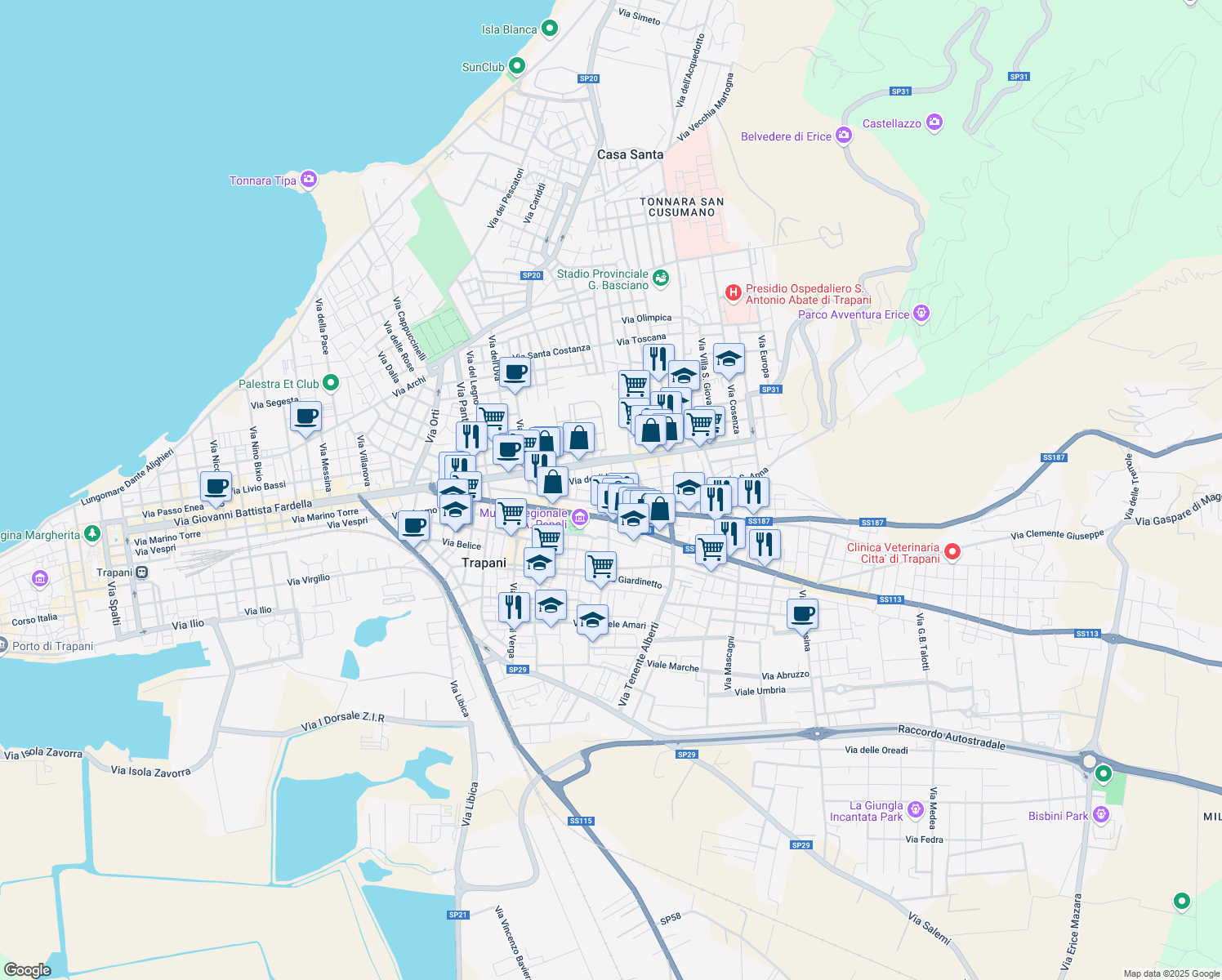 map of restaurants, bars, coffee shops, grocery stores, and more near 36 Via dei Cedri in Trapani