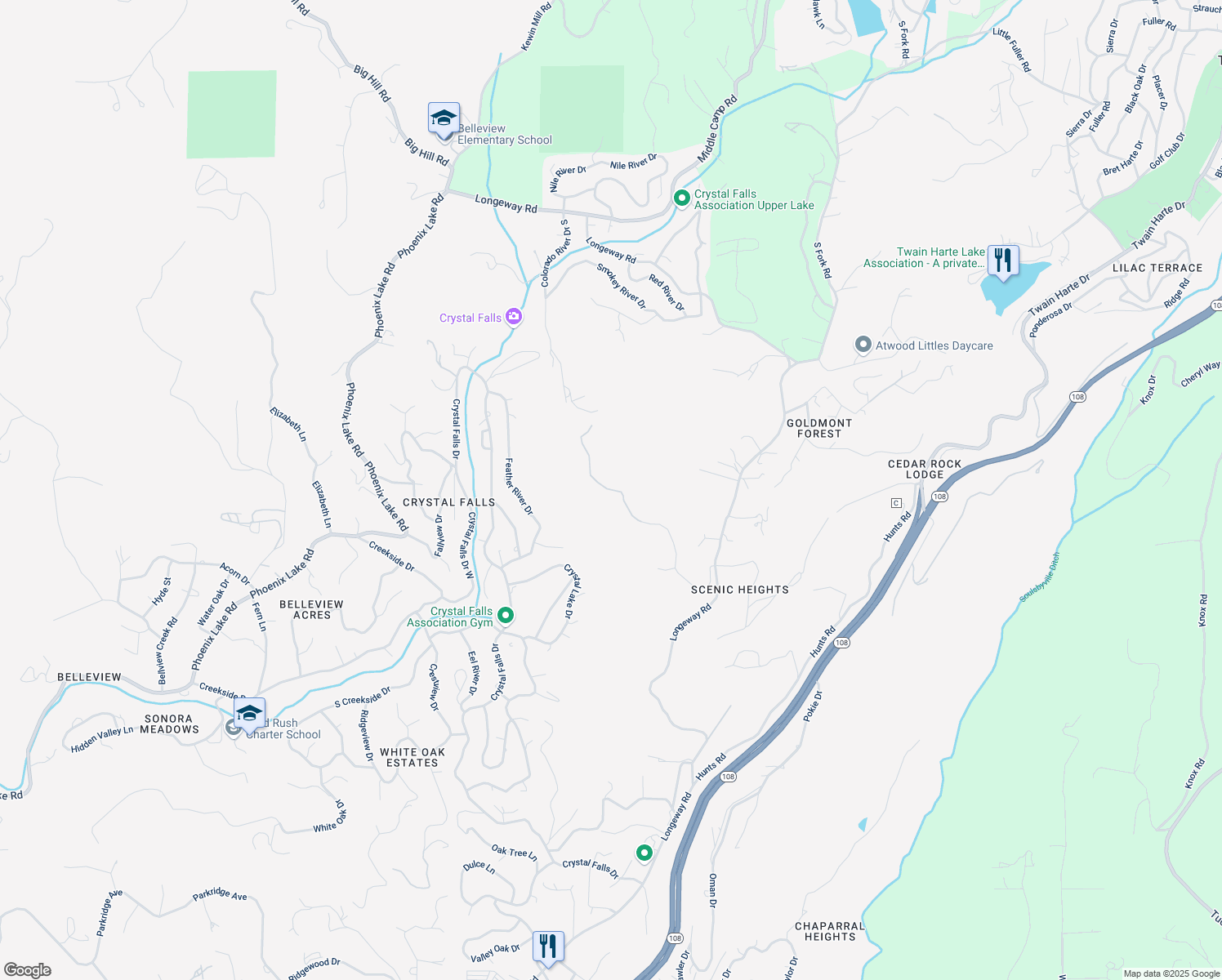 map of restaurants, bars, coffee shops, grocery stores, and more near 21700 Ferrari Road in Sonora