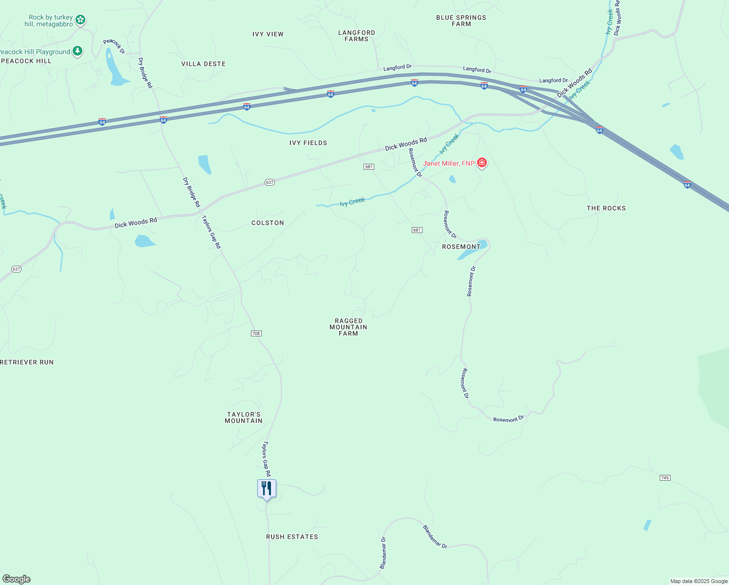 map of restaurants, bars, coffee shops, grocery stores, and more near 4909 Farriers Court in Charlottesville