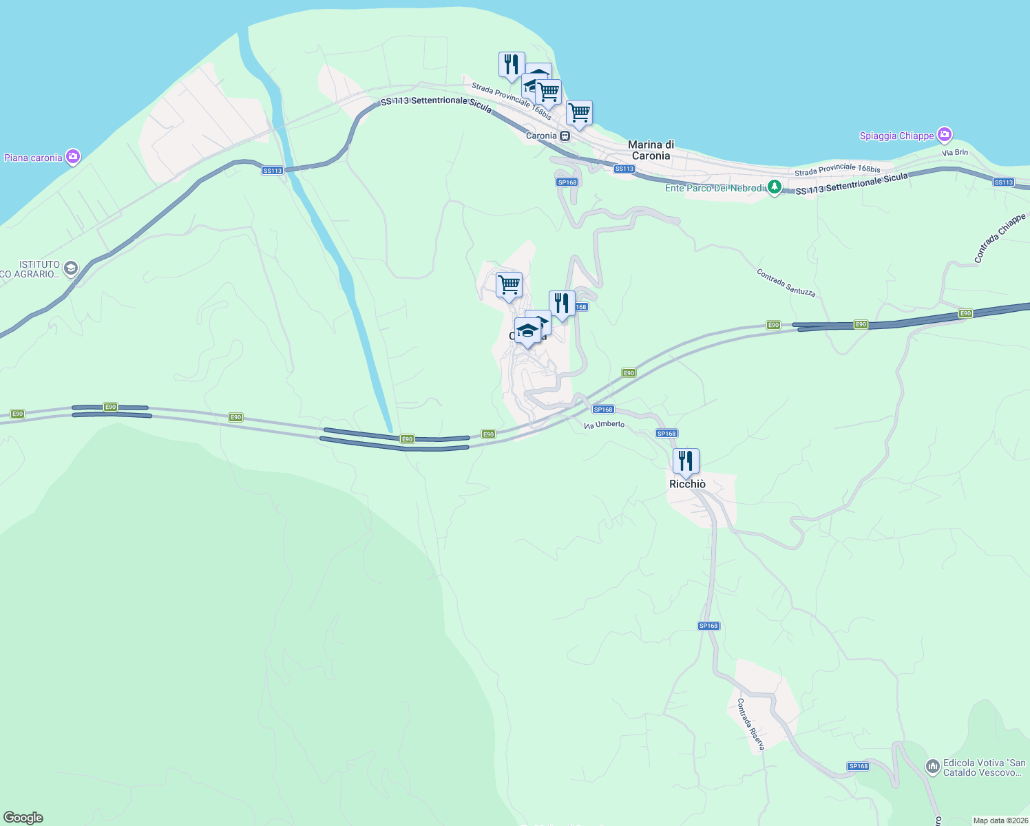 map of restaurants, bars, coffee shops, grocery stores, and more near 196 Via Umberto in Caronia