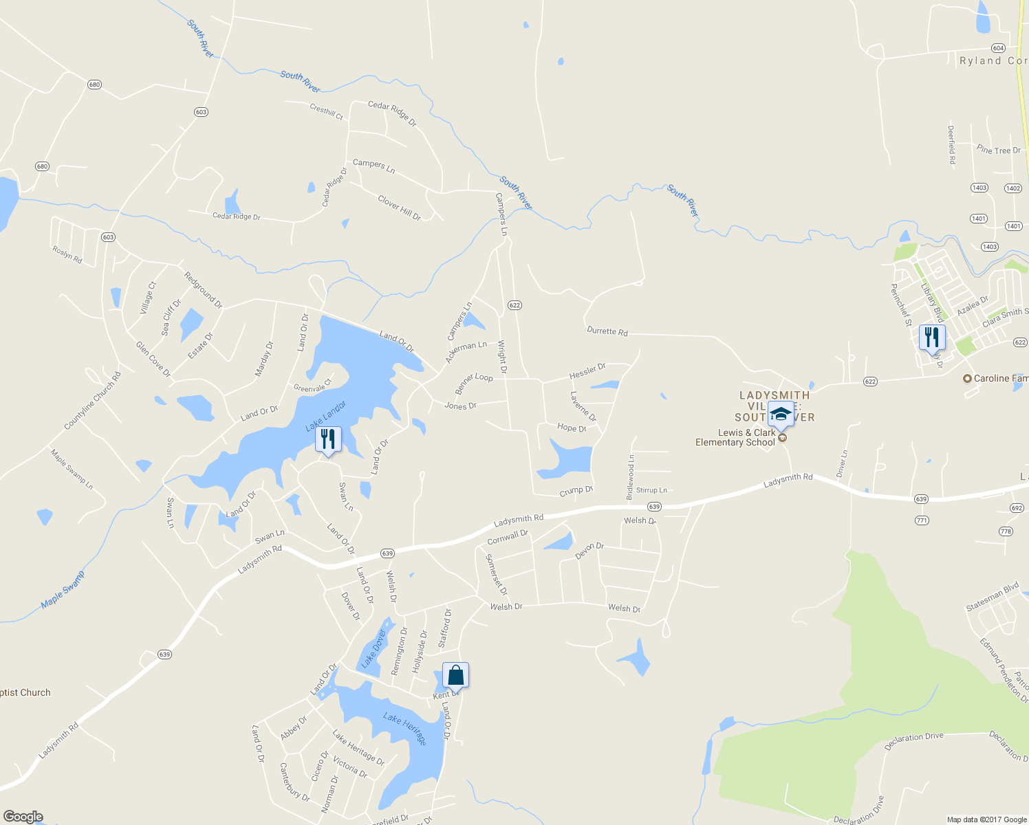 map of restaurants, bars, coffee shops, grocery stores, and more near 606 Wright Drive in Ruther Glen