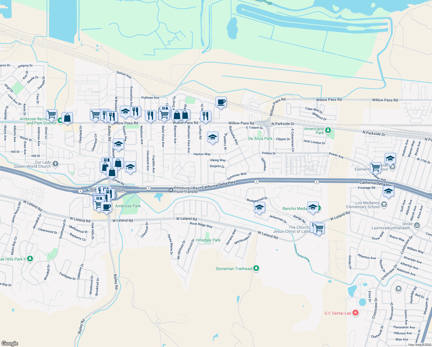 map of restaurants, bars, coffee shops, grocery stores, and more near 61 Galleon Way in Pittsburg