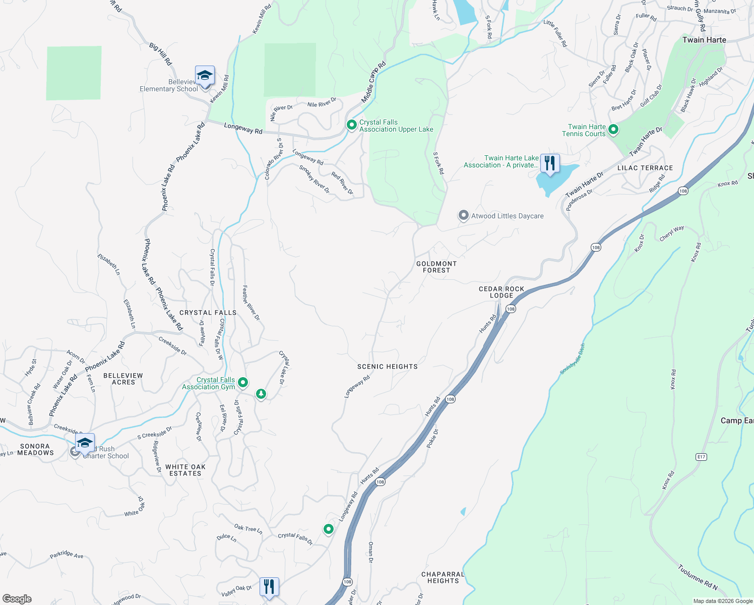 map of restaurants, bars, coffee shops, grocery stores, and more near 22000 Longeway Road in Sonora