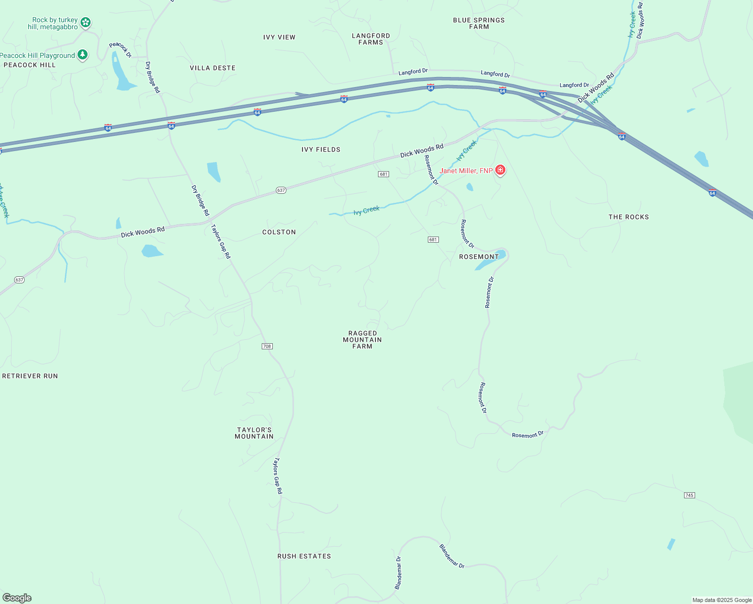 map of restaurants, bars, coffee shops, grocery stores, and more near 4909 Farriers Court in Charlottesville