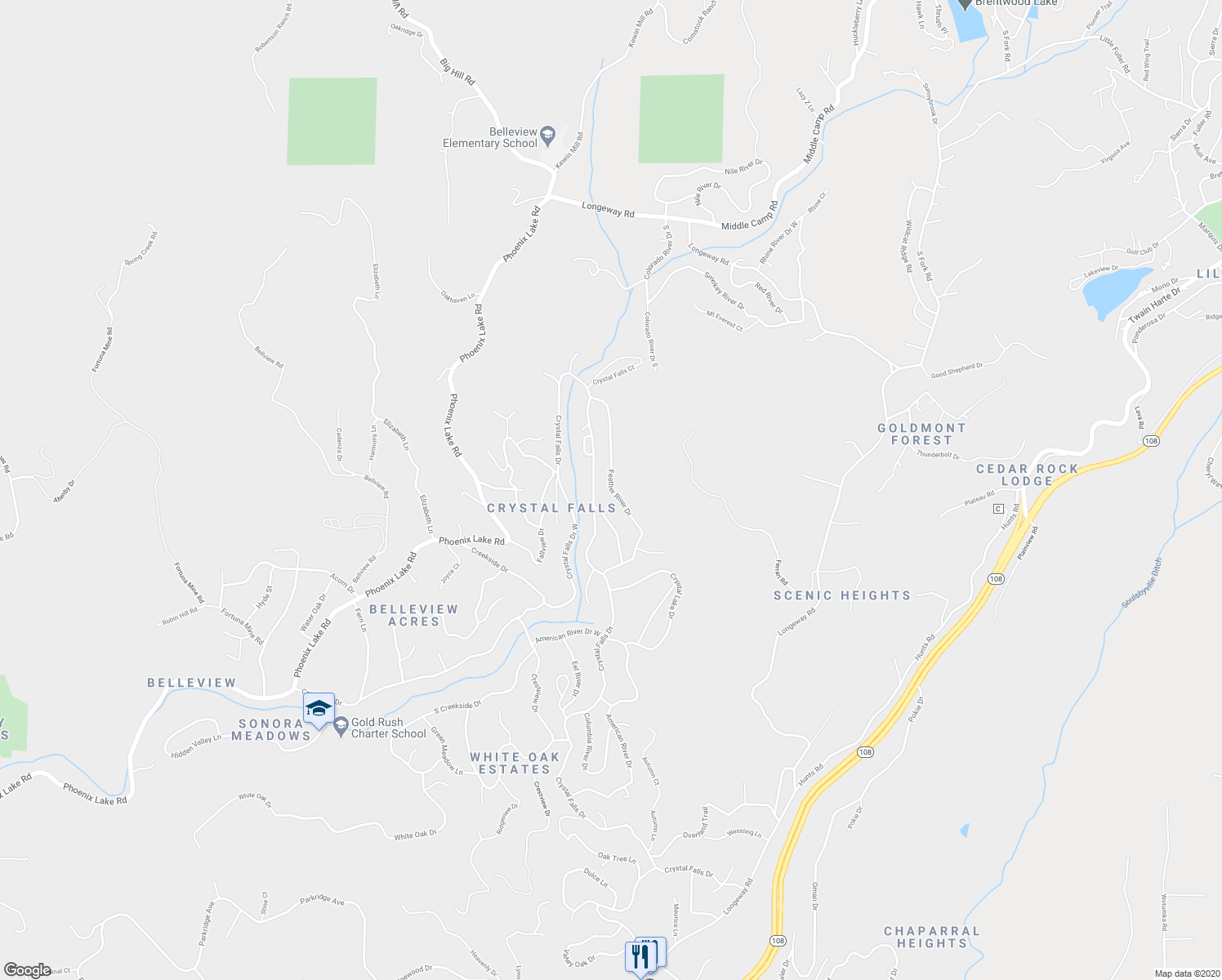 map of restaurants, bars, coffee shops, grocery stores, and more near 21976 Feather River Drive in Sonora