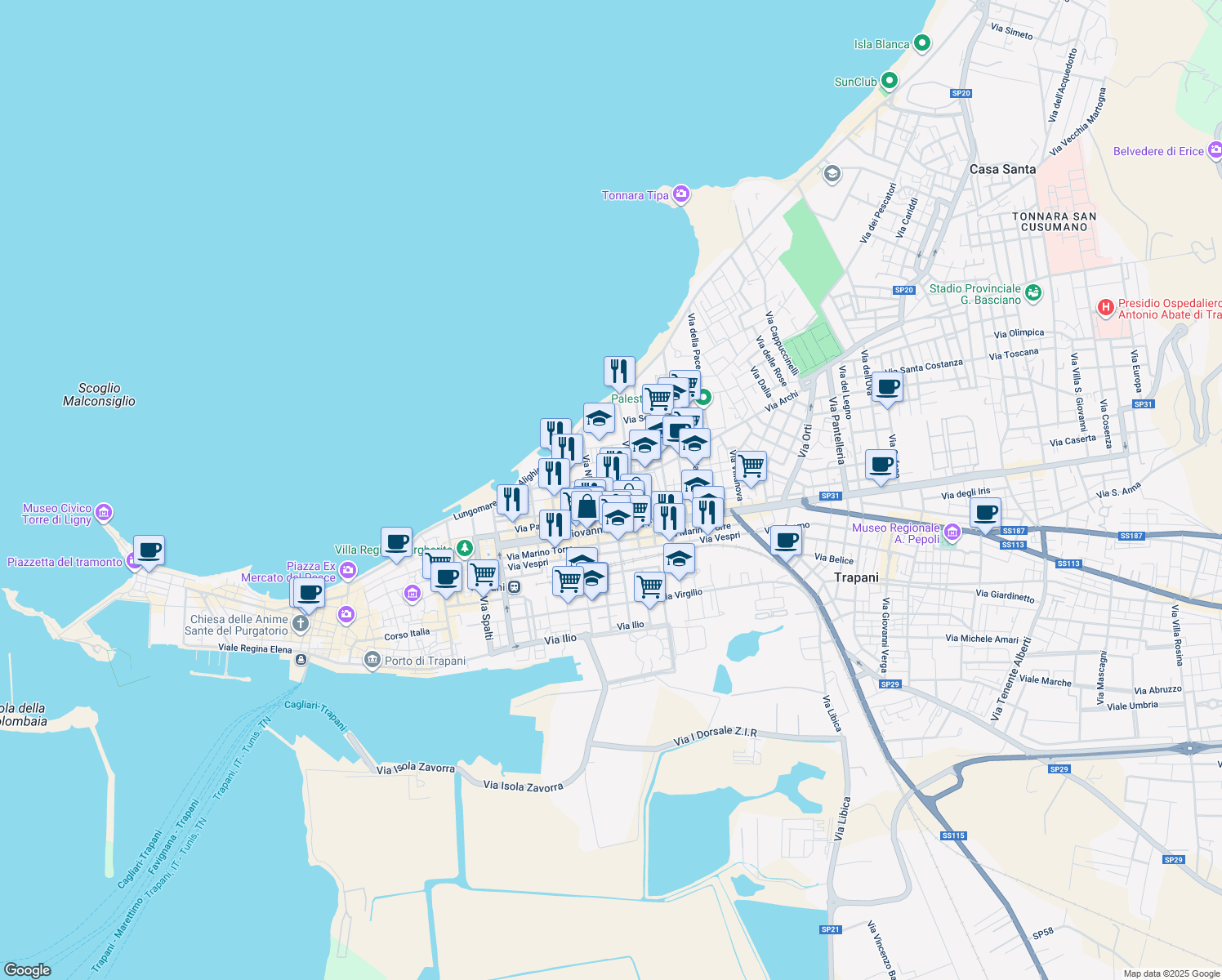 map of restaurants, bars, coffee shops, grocery stores, and more near 93 Via Livio Bassi in Trapani