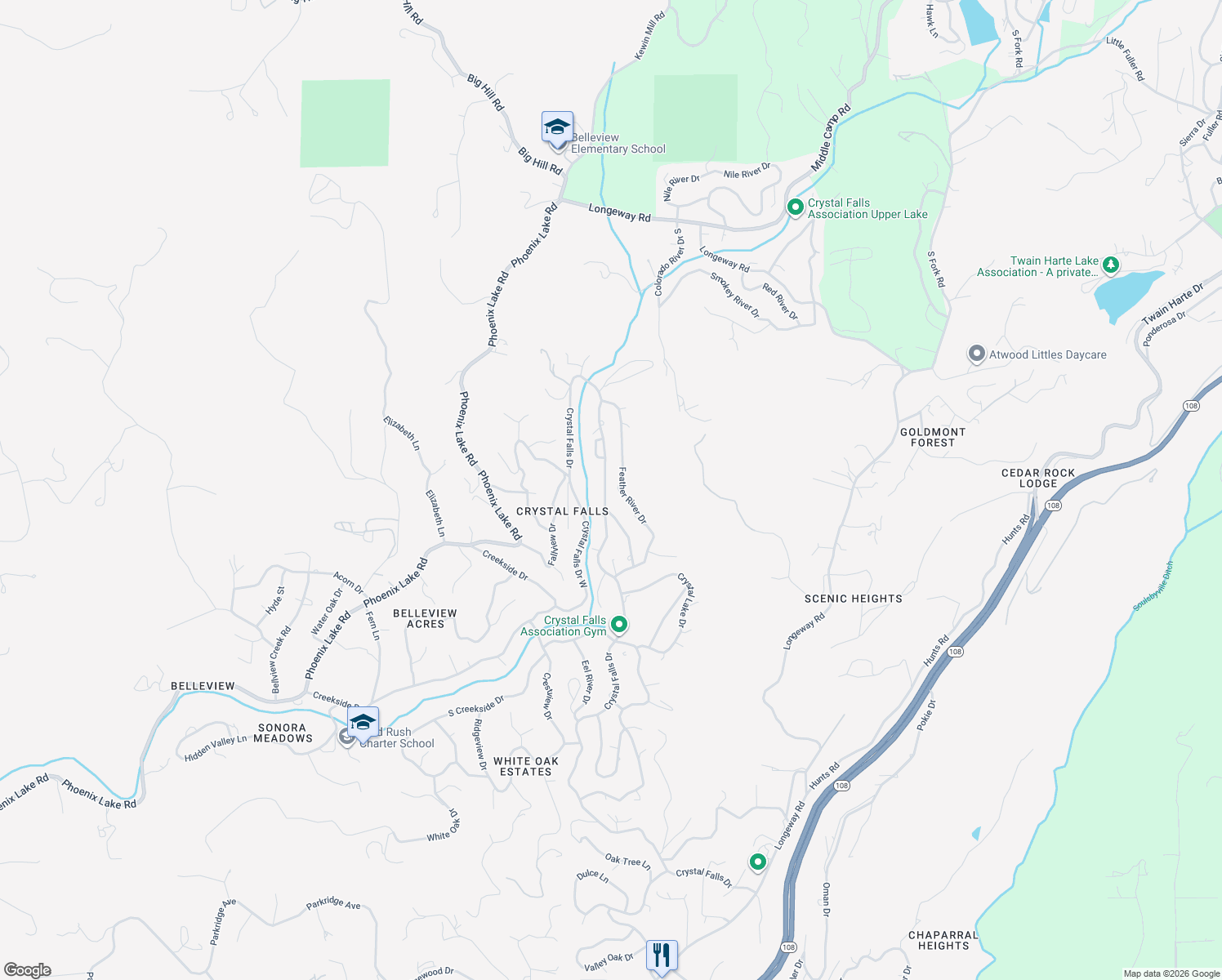 map of restaurants, bars, coffee shops, grocery stores, and more near 21948 Crystal Falls Dr in Sonora