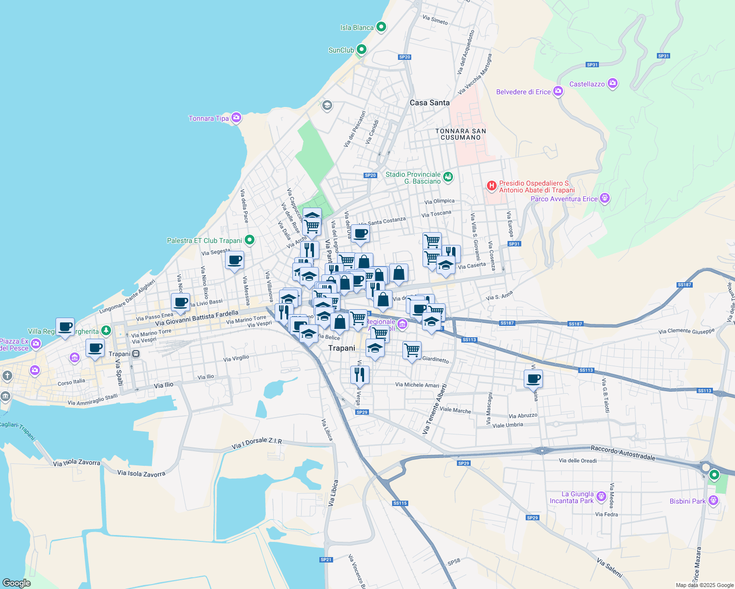 map of restaurants, bars, coffee shops, grocery stores, and more near 31 Vicolo Adragna in Trapani