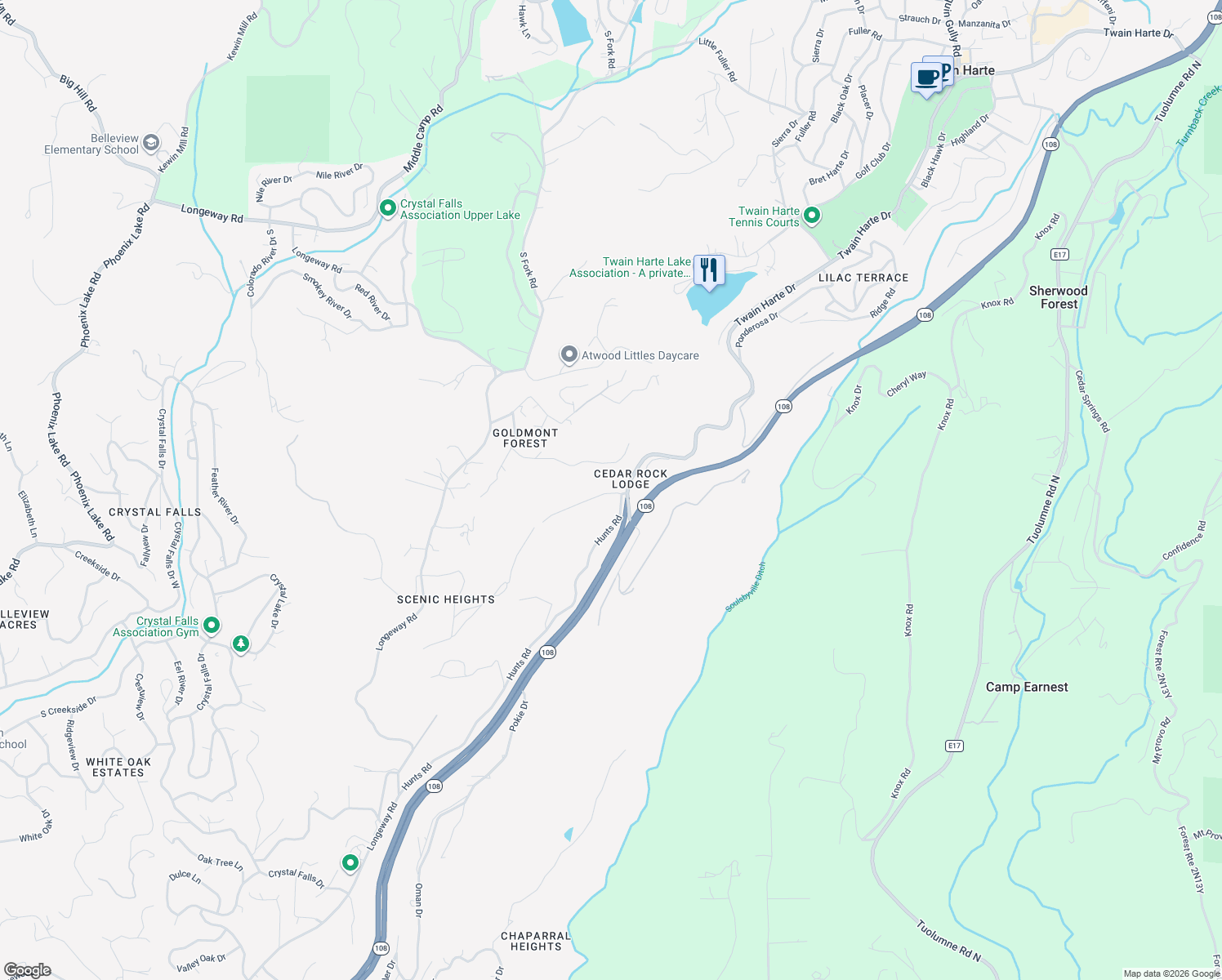 map of restaurants, bars, coffee shops, grocery stores, and more near 21860-21880 Hunts Rd in Sonora