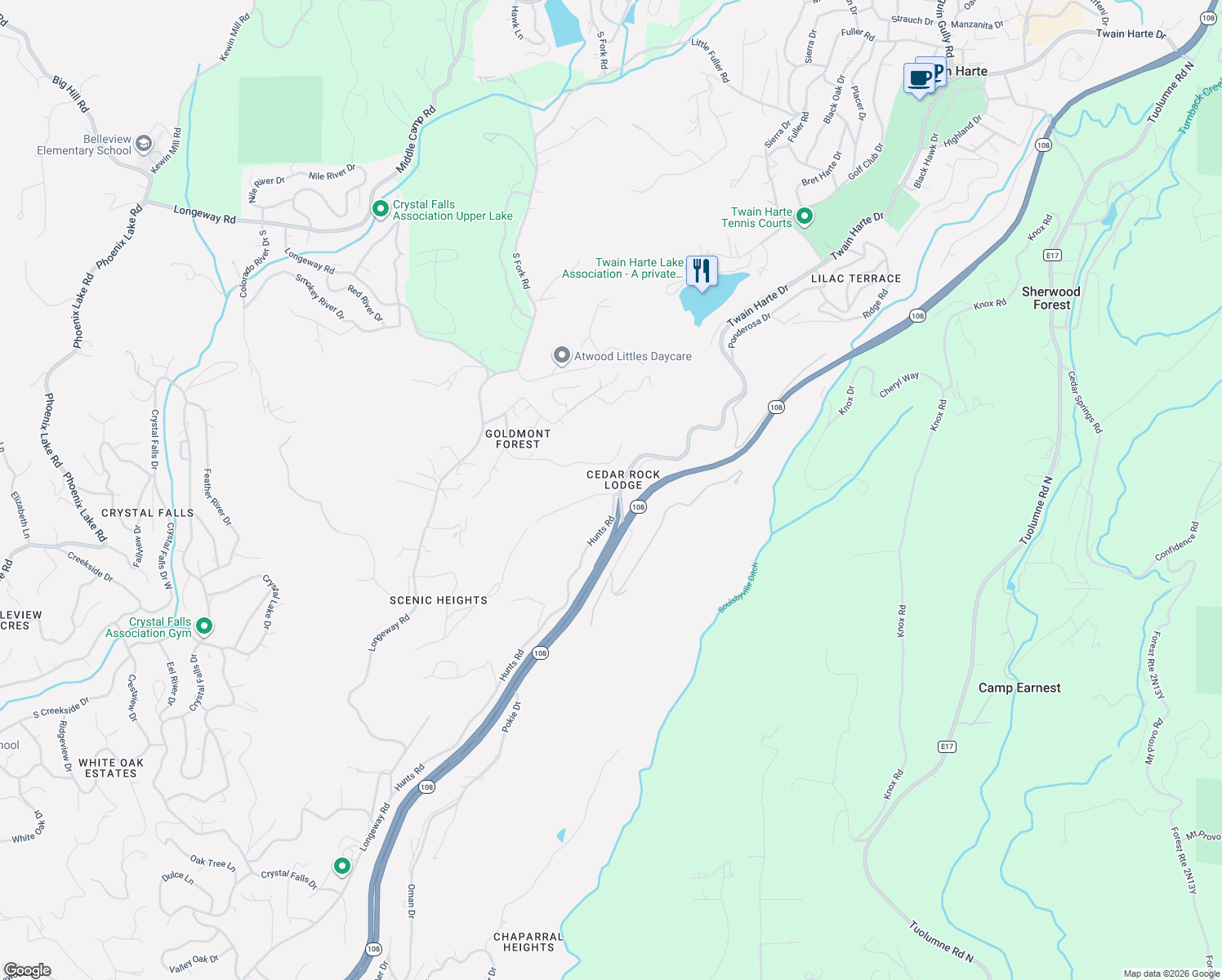 map of restaurants, bars, coffee shops, grocery stores, and more near 17943 Plateau Road in Sonora