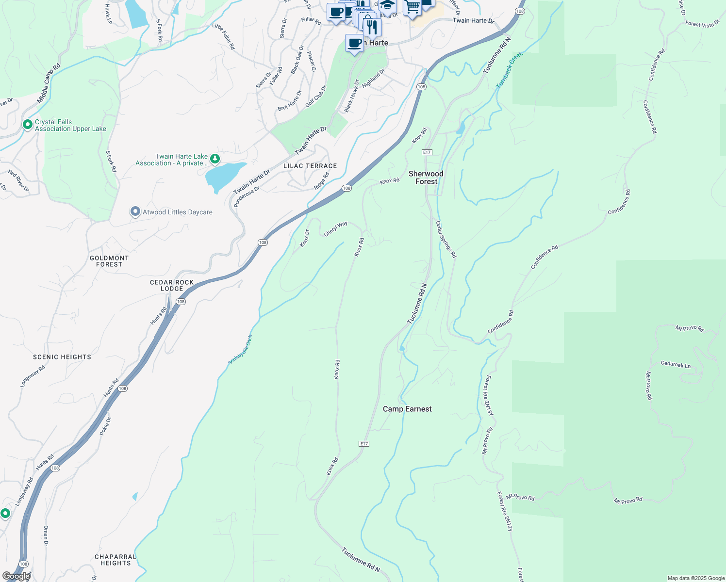map of restaurants, bars, coffee shops, grocery stores, and more near 22049 Knox Road in Twain Harte