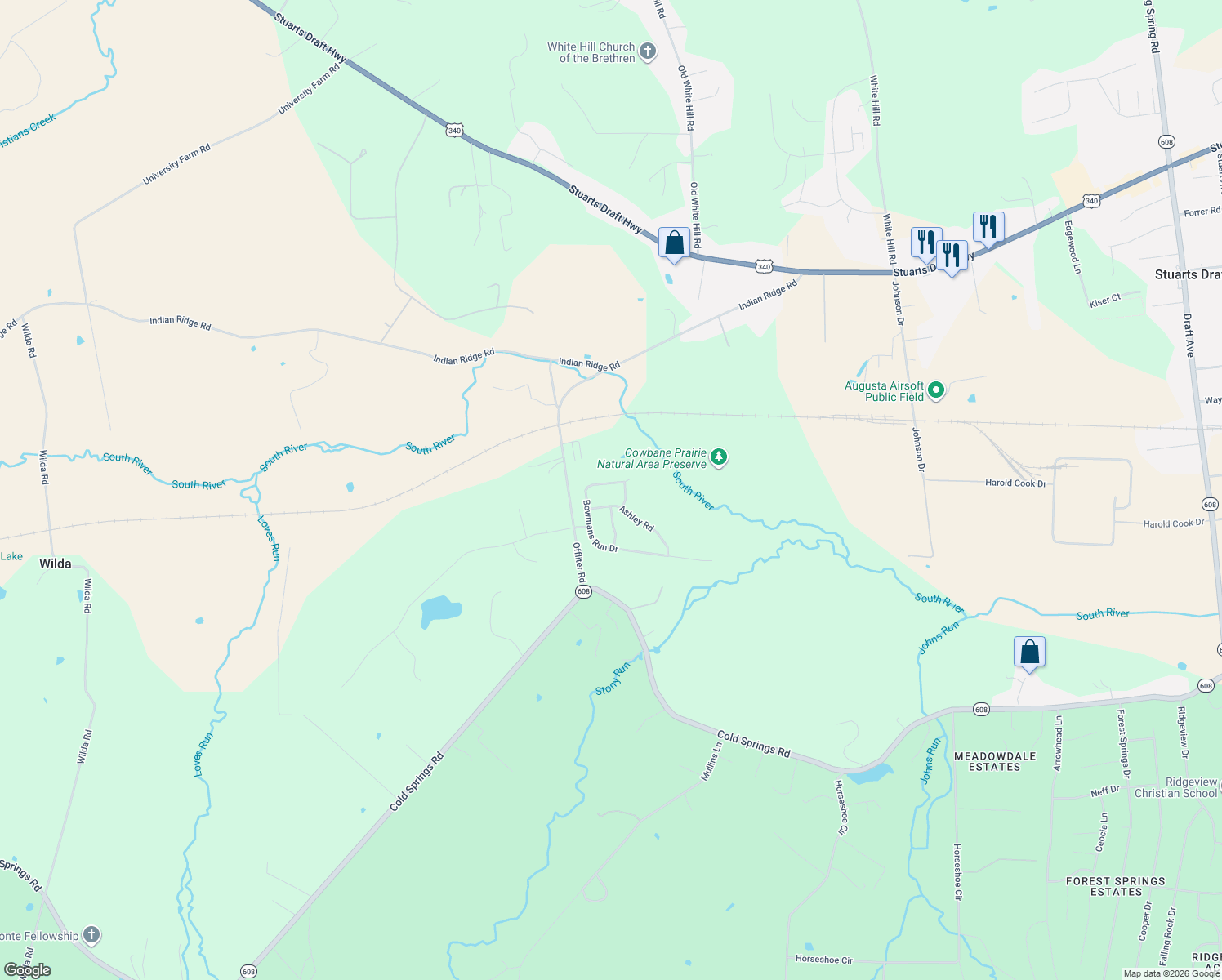 map of restaurants, bars, coffee shops, grocery stores, and more near 32 Bowmans Run Drive in Stuarts Draft