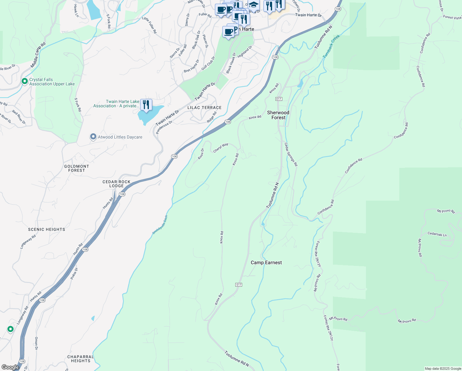 map of restaurants, bars, coffee shops, grocery stores, and more near 22049 Knox Road in Twain Harte