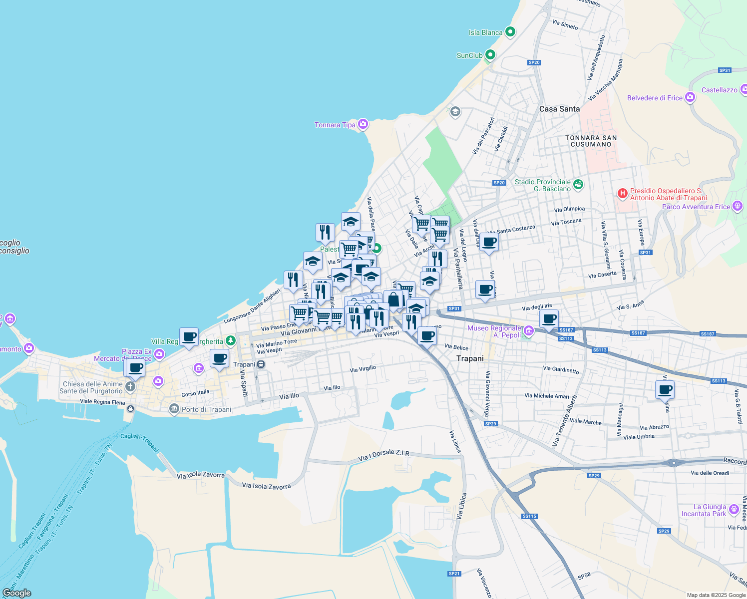 map of restaurants, bars, coffee shops, grocery stores, and more near 51 Via Messina in Trapani