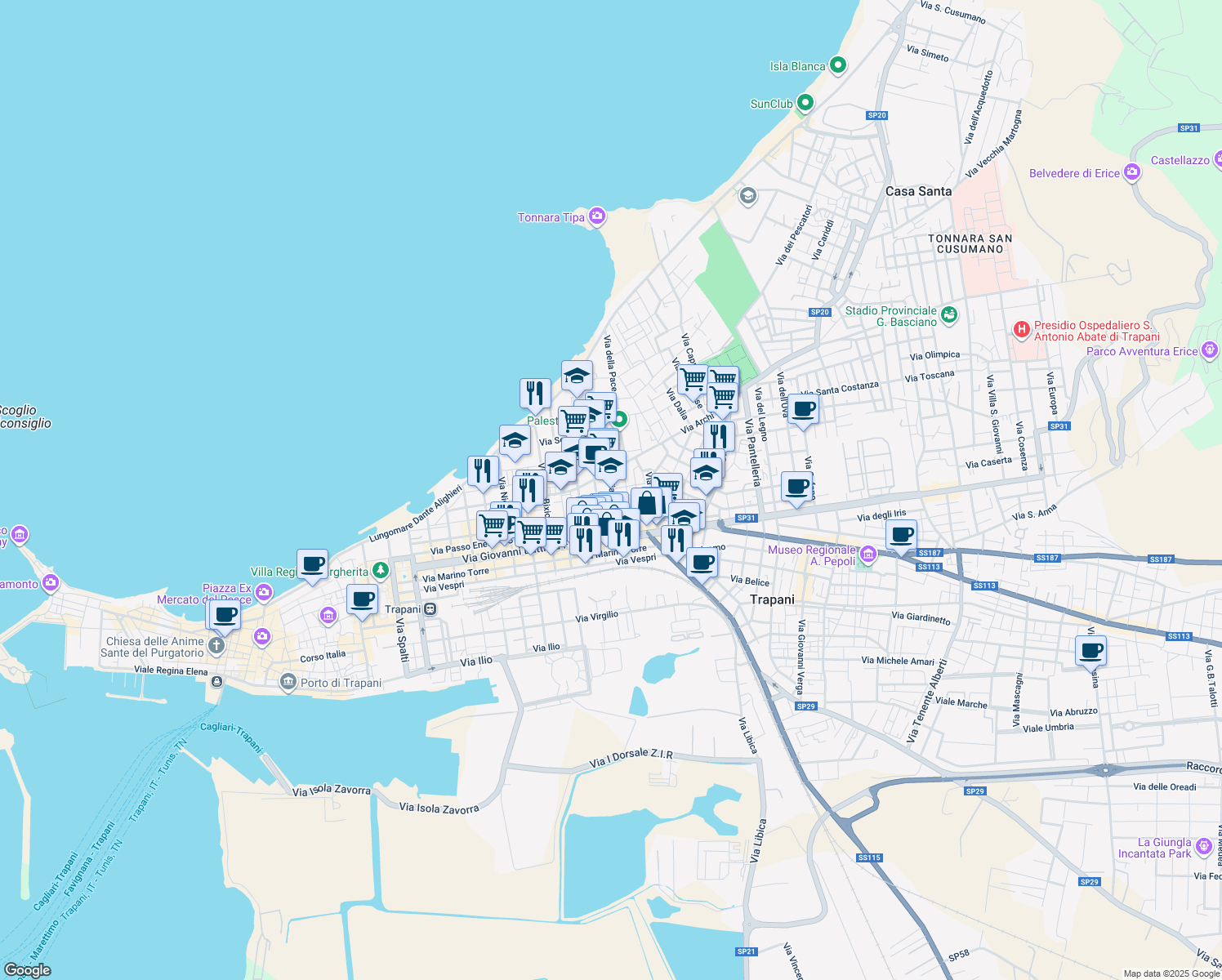 map of restaurants, bars, coffee shops, grocery stores, and more near 51 Via Messina in Trapani