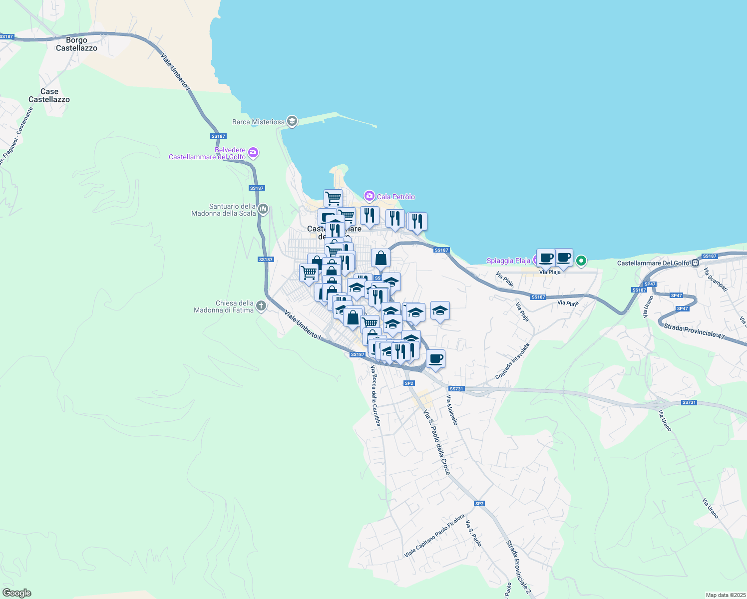 map of restaurants, bars, coffee shops, grocery stores, and more near 23 Via della Repubblica in Castellammare del Golfo