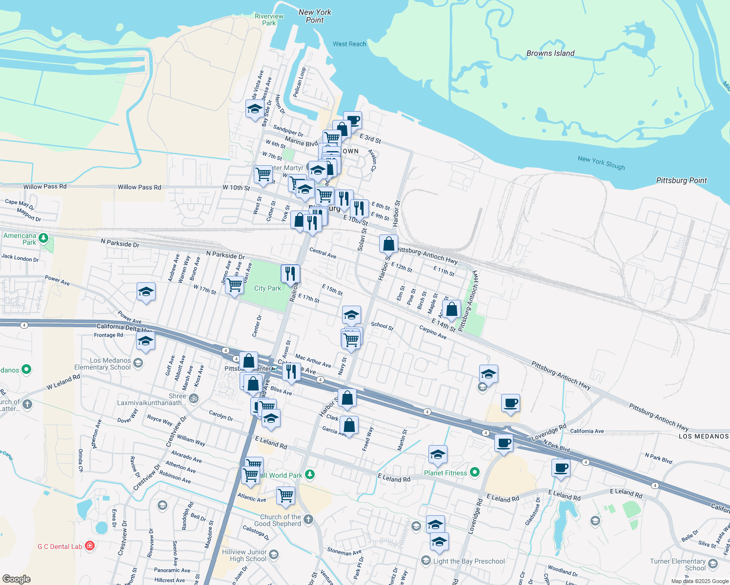 map of restaurants, bars, coffee shops, grocery stores, and more near 1396 Solari Street in Pittsburg