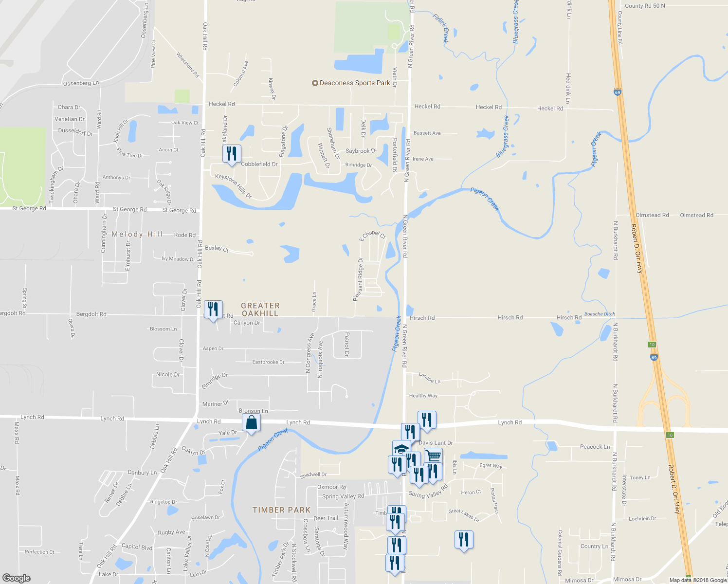 map of restaurants, bars, coffee shops, grocery stores, and more near 4522 Crestview Drive in Evansville