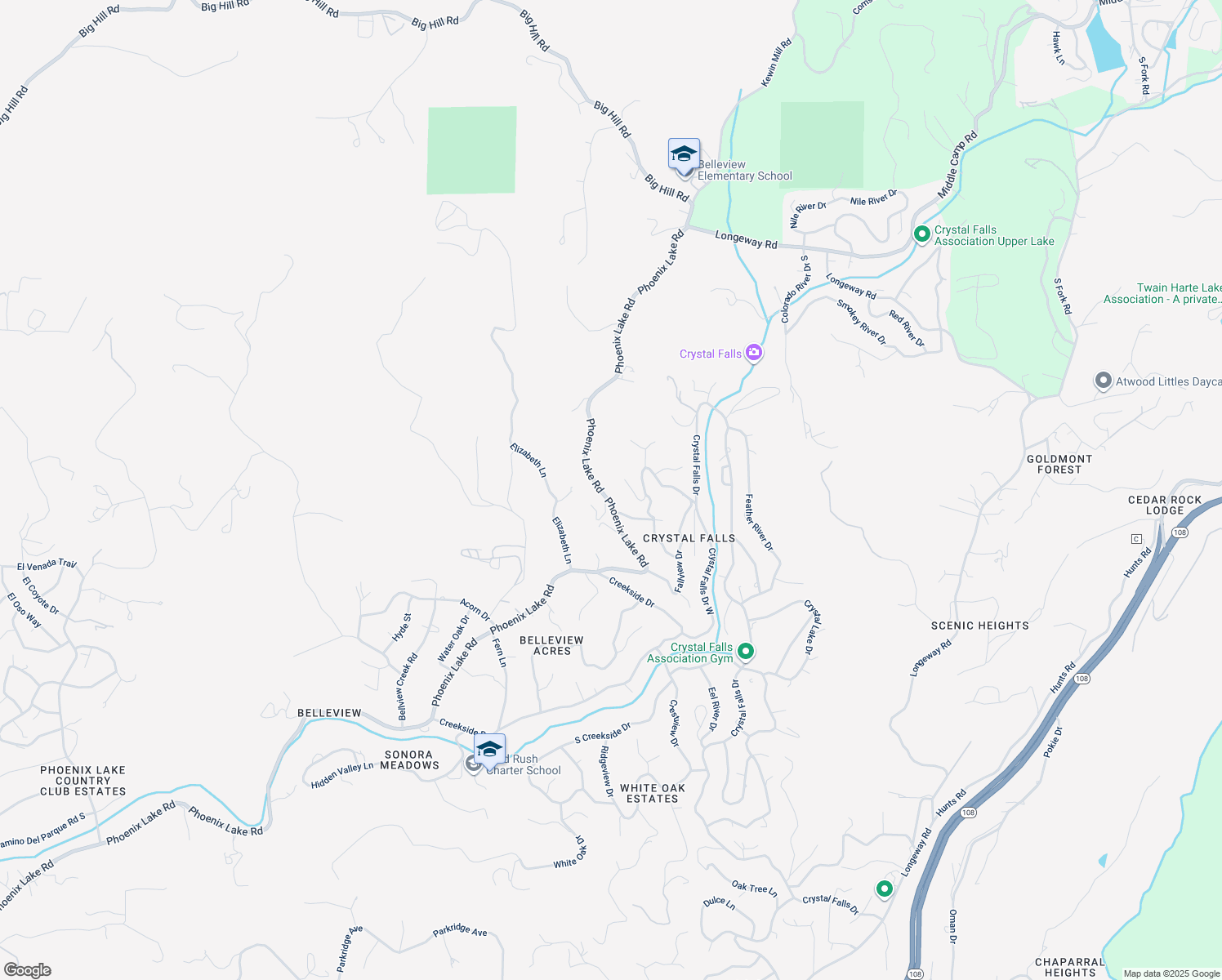 map of restaurants, bars, coffee shops, grocery stores, and more near 22015 Phoenix Lake Road in Sonora